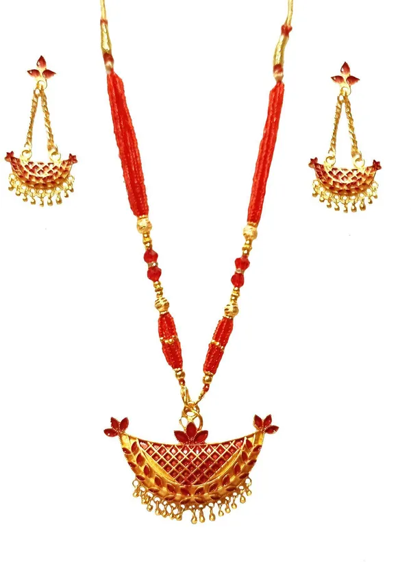 Assamese_Traditional_Gold_Plated_Red_Colour_Joonbiri_Tassel_Jewellery_Set_For_Girls_&_Women